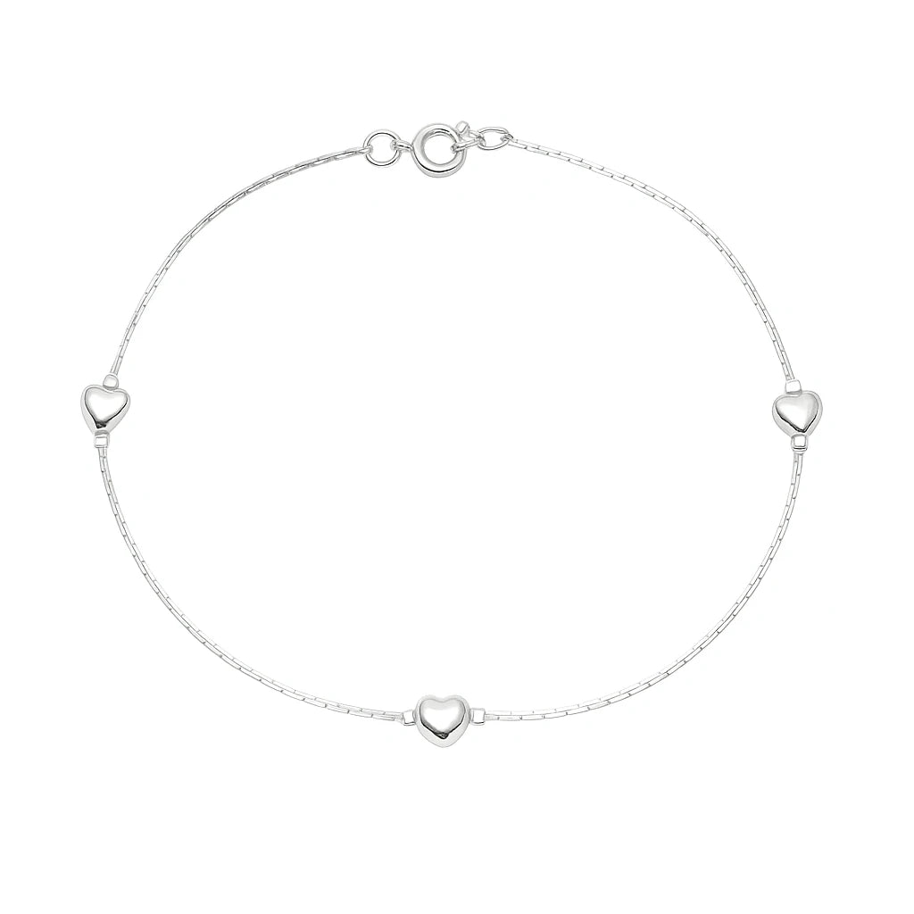 Children's anklet in silver plated design featuring tiny hearts, perfect for everyday wear and special occasions.