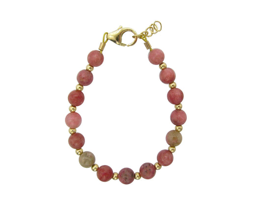 Children's bracelets featuring rhodonite gemstone and gold filled beads for ages 5-12, stylish and elegant.