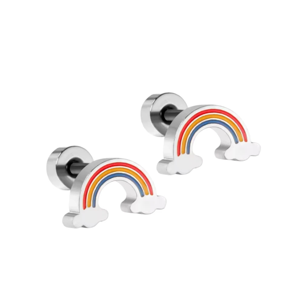 Children's earrings in the shape of rainbow clouds made from 316L surgical steel and vibrant enamel.