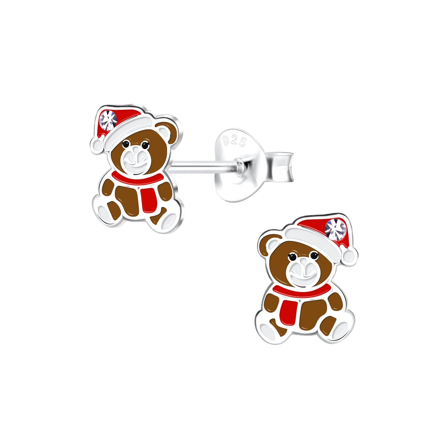 Christmas earrings featuring sterling silver brown bear studs with enamel and crystal accents for festive style.
