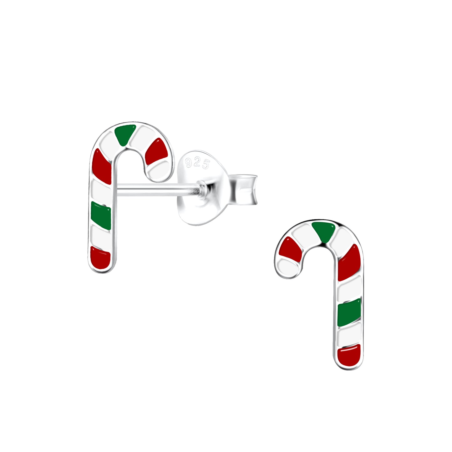 Christmas earrings - sterling silver enamel candy cane studs with red and green details.