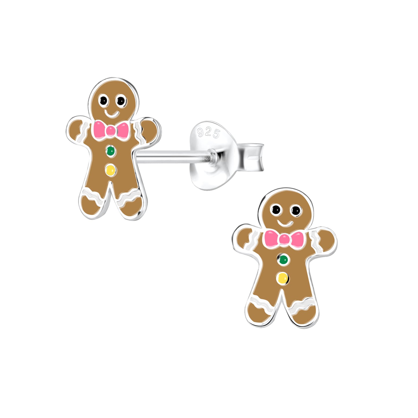 Christmas earrings featuring sterling silver enamel gingerbread boy studs with colorful detailing.