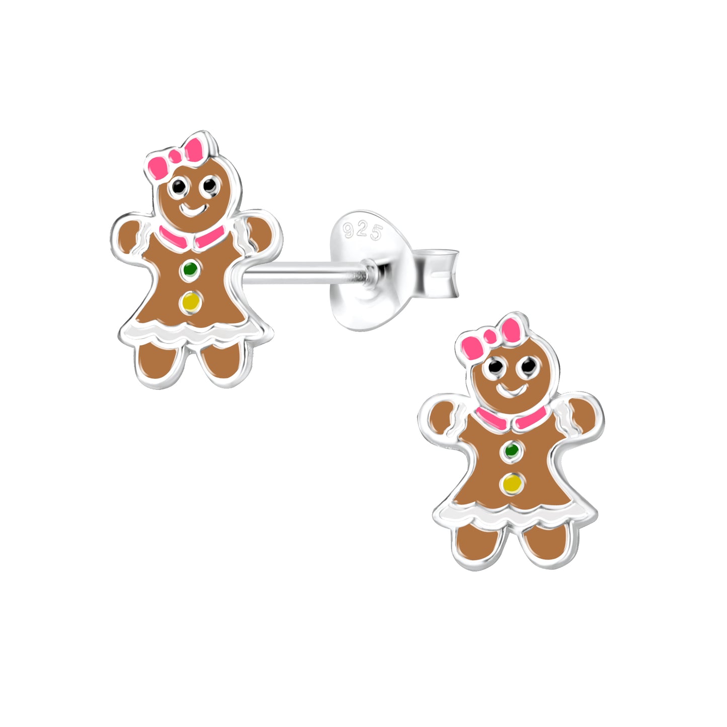 Christmas earrings featuring sterling silver enamel gingerbread girl studs for festive celebrations.