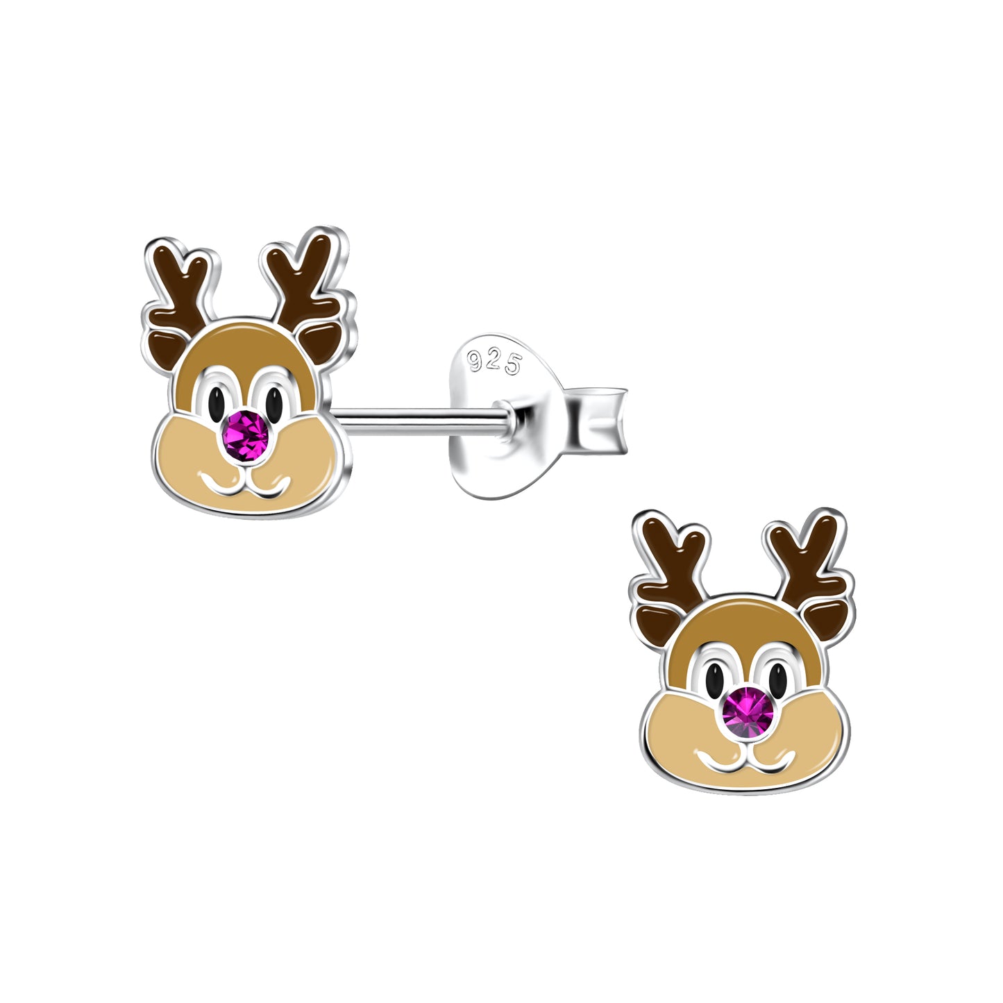 Christmas earrings featuring sterling silver Rudolph reindeer studs with pink CZ nose and colorful enamel detailing.