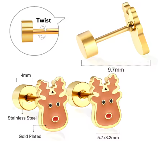 Christmas earrings featuring gold plated reindeer design with secure screw backs, crafted from hypoallergenic surgical steel.
