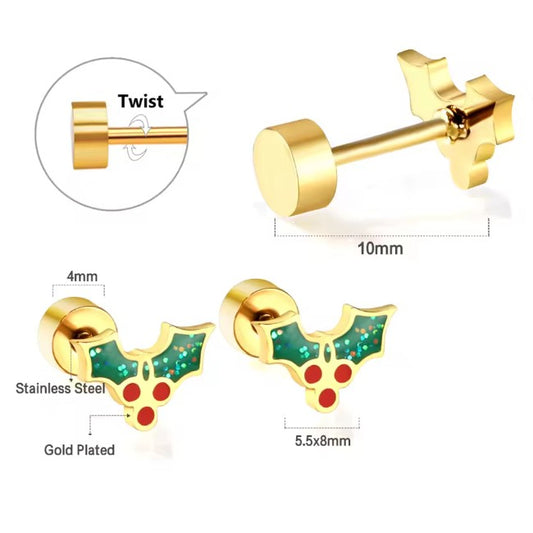 Christmas earrings featuring surgical steel festive holly design with gold plating and secure screw back closures.
