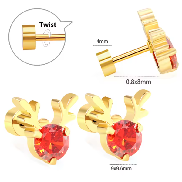 Christmas earrings featuring red CZ reindeer design with screw back closures, crafted from hypoallergenic surgical steel.