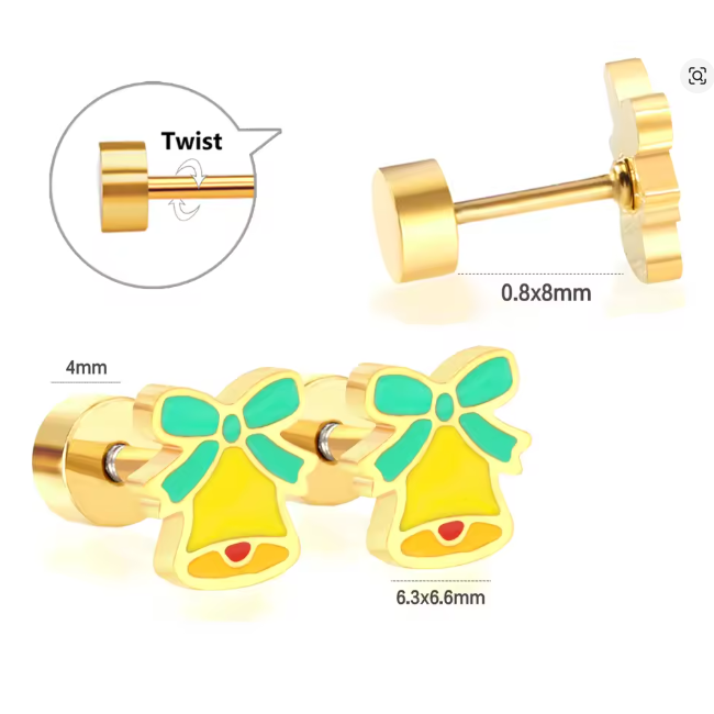 Christmas earrings featuring surgical steel sleigh bells design with gold plating and secure screw backs.