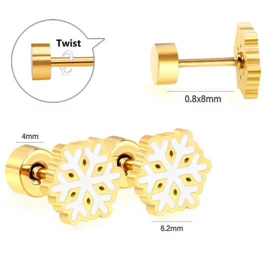 Christmas earrings with enamel snowflake design, 18k gold plating, and twist screw back closure.