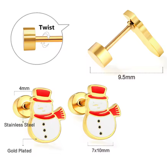 Christmas earrings featuring gold plated snowman design with screw back closures and surgical steel construction.