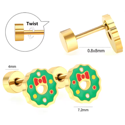 Christmas earrings featuring a gold plated enamel wreath design with screw back closures.
