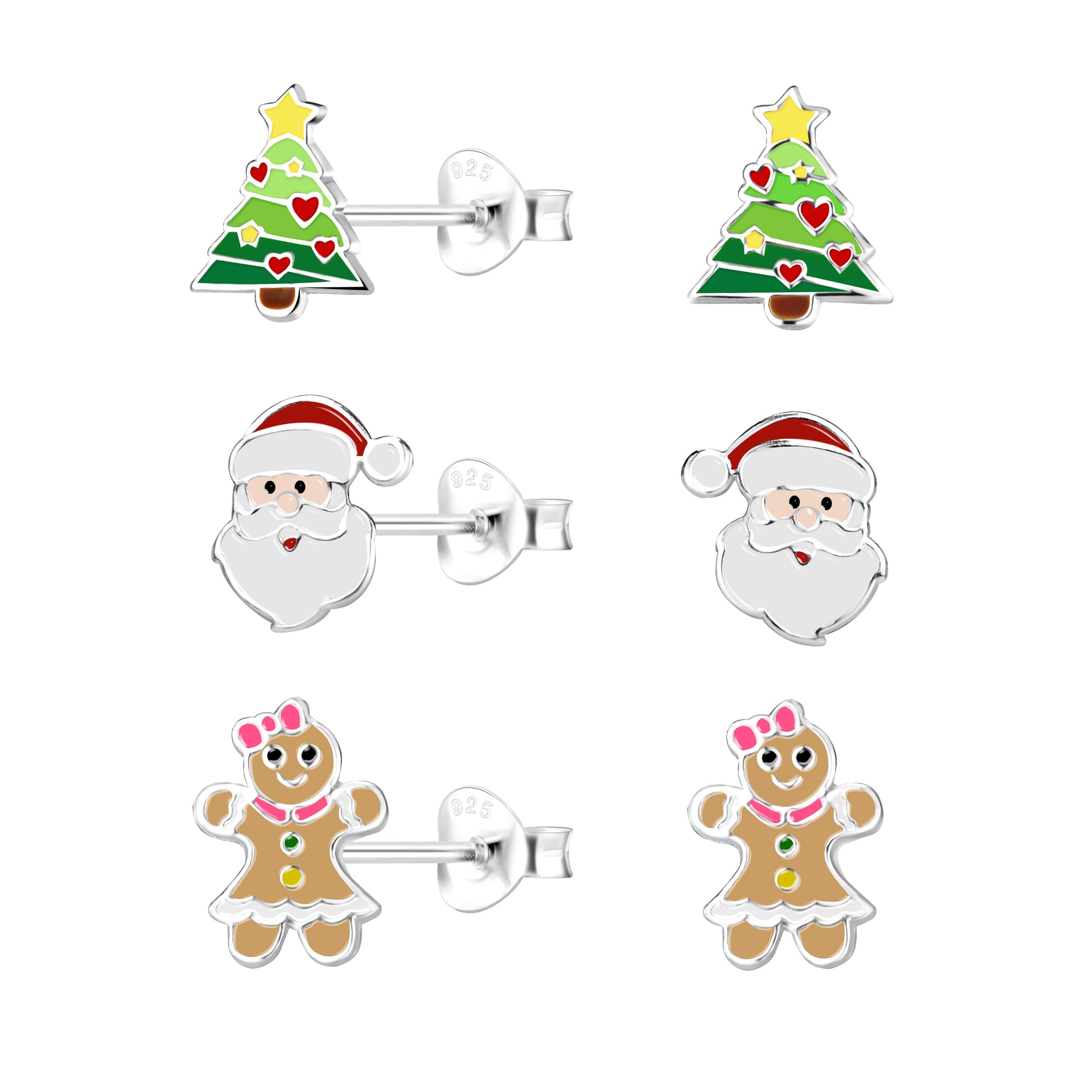Christmas earrings set featuring tree, Santa, and gingerbread designs in 925 sterling silver and colorful enamel.