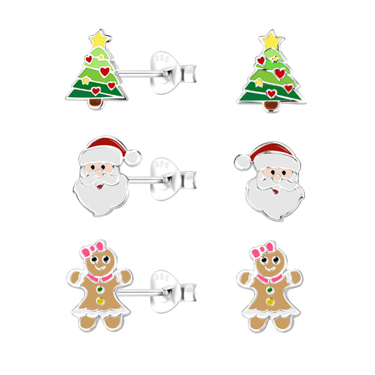 Christmas earrings set featuring tree, Santa, and gingerbread designs in 925 sterling silver and colorful enamel.