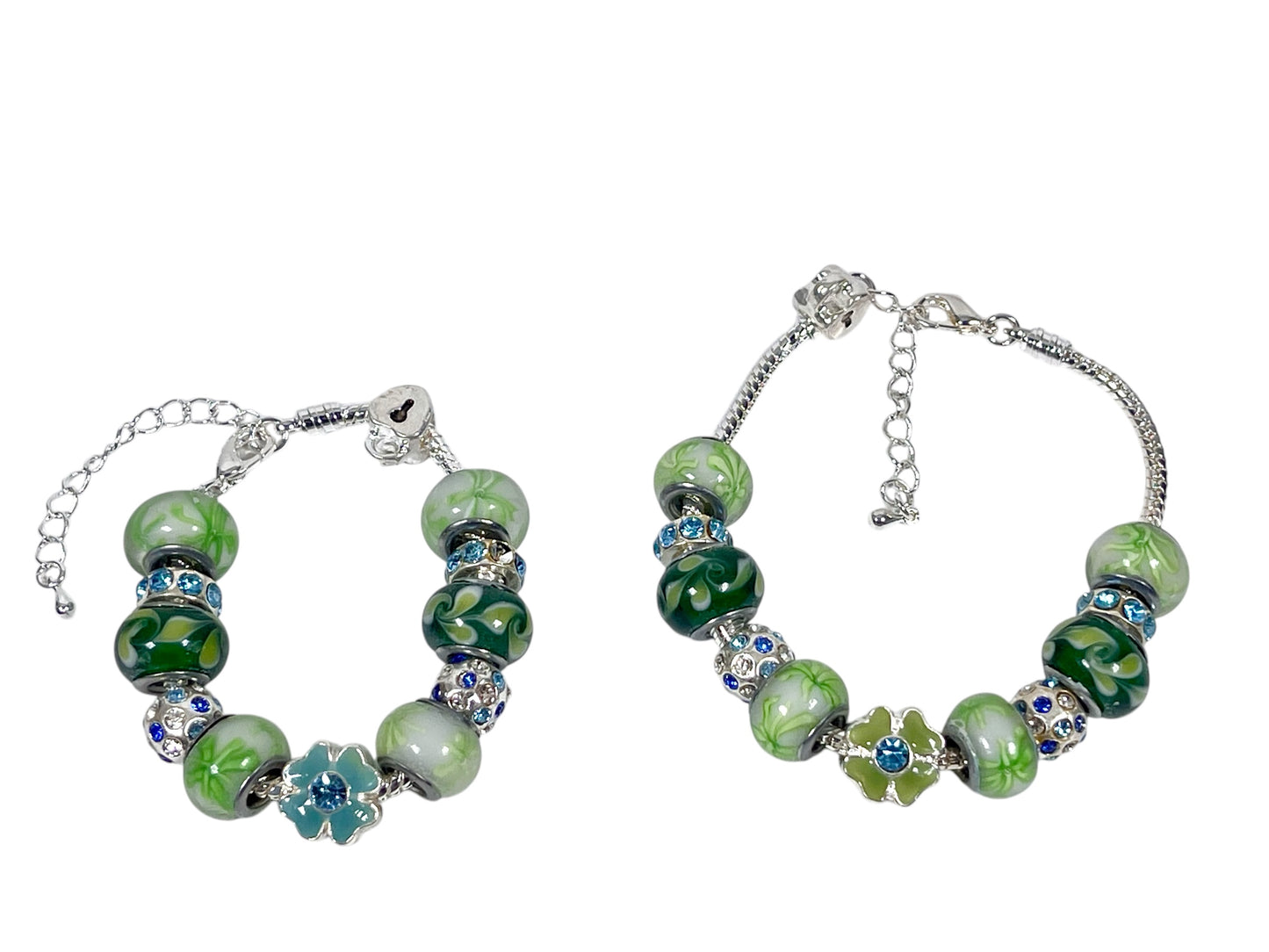 Mothers' Bracelets: European Style Bracelets with Blue, Green and White Lampwork Beads