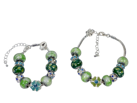 Mothers' Bracelets:   European Style Bracelets with Blue, Green and White Lampwork Beads