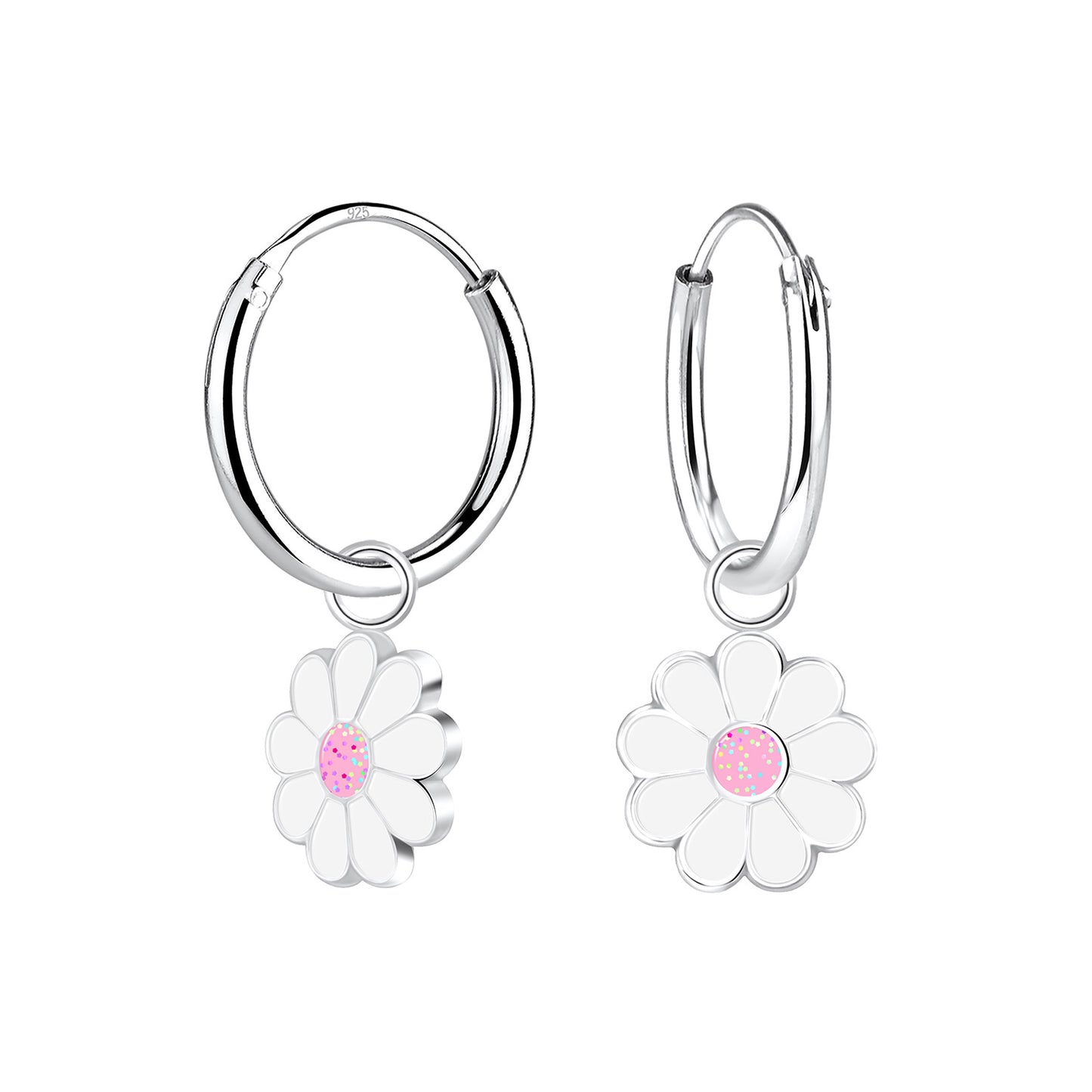 Daisy hoop earrings made from 925 sterling silver with white and pink glitter enamel charms for cheerful floral charm.