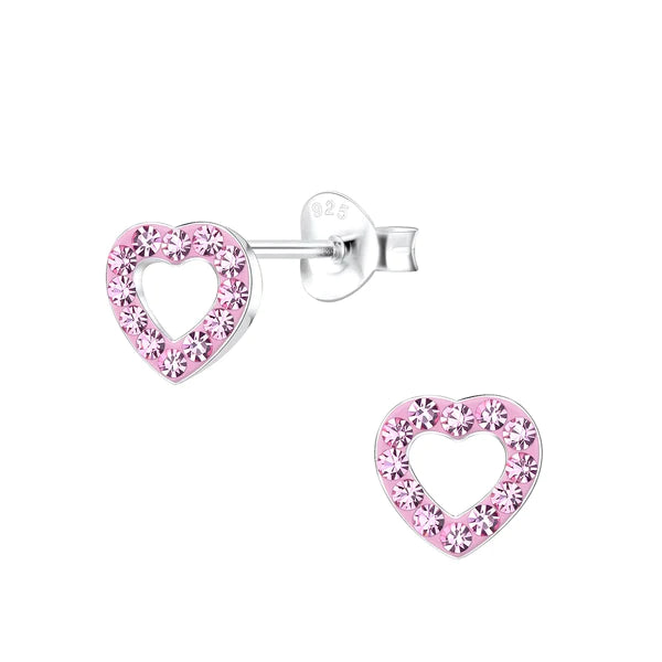 Baby and Children's Earrings: Sterling Silver Blue, Rainbow Crystal Open Hearts