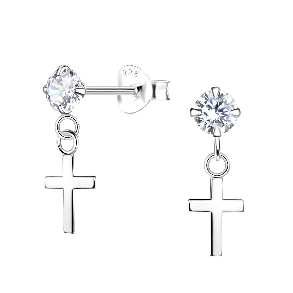 Baby and Children's Earrings: Sterling Silver 4mm CZ Stud with Cross Dangle