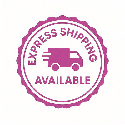 Pink 'Express Shipping Available' stamp with a delivery truck icon on a white background