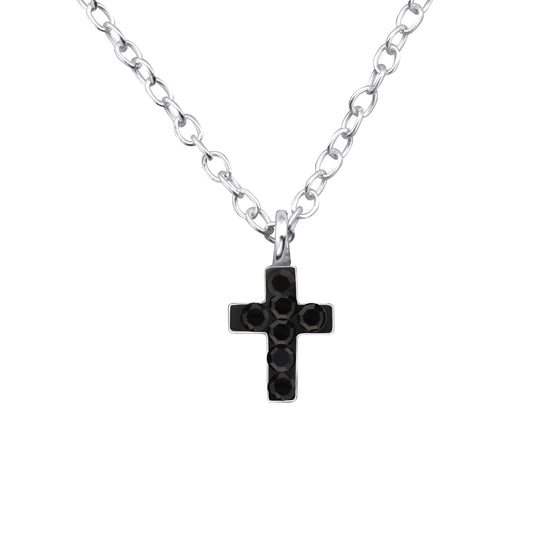 sterling silver necklace with a black enamel cross with black crystals on a white background