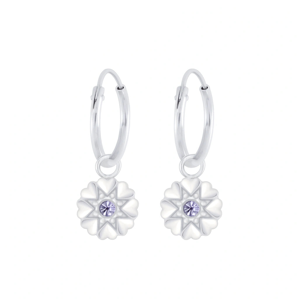 Flower hoop earrings in 925 sterling silver with lavender cubic zirconia flower charms.