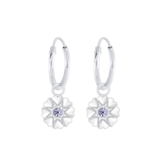Flower hoop earrings in 925 sterling silver with lavender cubic zirconia flower charms.