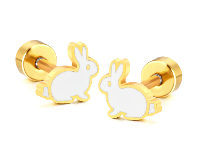 “Pair of gold-tone screw-back stud earrings shaped like white-enamel rabbits, displayed side by side against a plain white background