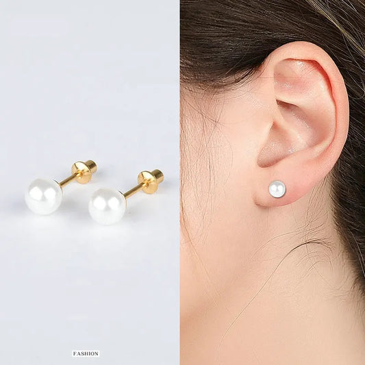 Children's, Teens' and Mothers' Earrings: Surgical Steel, Gold IP 4mm Pearl Studs with Screw Backs