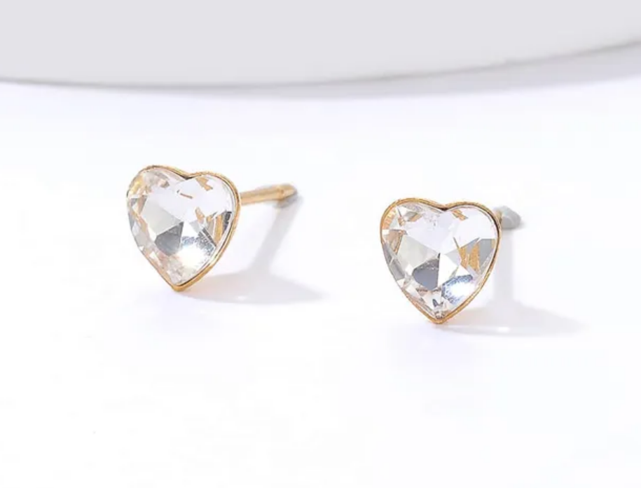 Children's, Teens' and Mothers' Earrings: Steel with 18k Gold Plating Clear Faceted CZ Hearts