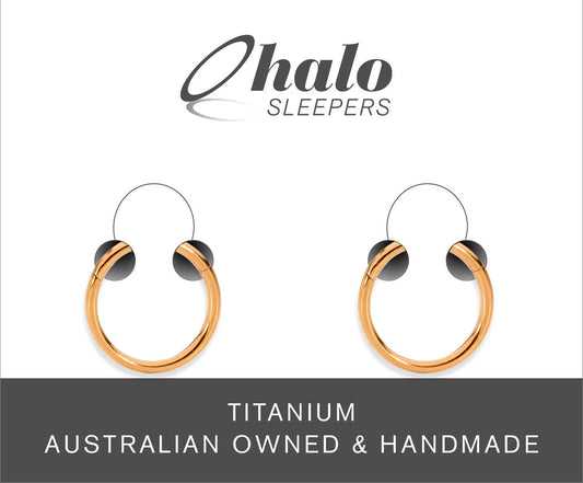 Baby earrings in rose gold anodized G23 titanium, polished 20G hinged hoop style by Halo Sleepers, Australian made.