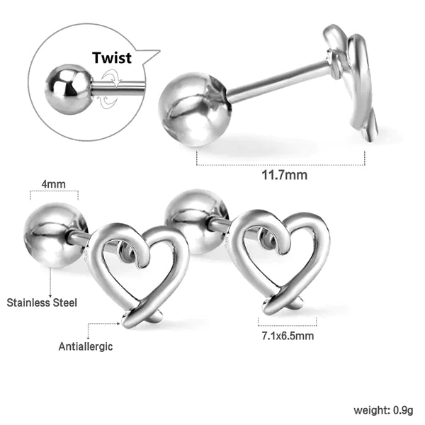 Children's, Teens' and Mothers' Earrings: Surgical Steel Crossed Heart Reversible Earrings with Screw Backs