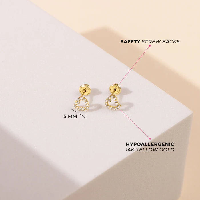 Heart earrings in 14k yellow gold with clear CZ, 5mm size, featuring safety screw backs for secure wear.