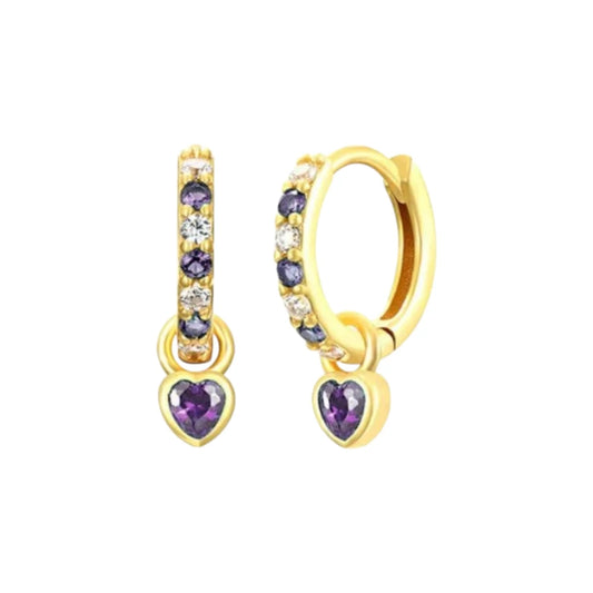 Heart hoop earrings featuring amethyst and white CZ charms, crafted in 14k gold over sterling silver.