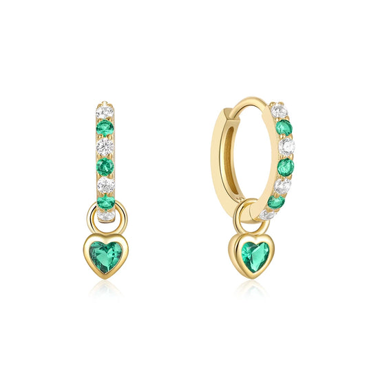 Heart hoop earrings featuring 14k gold over sterling silver with green and white CZ hearts and charms.