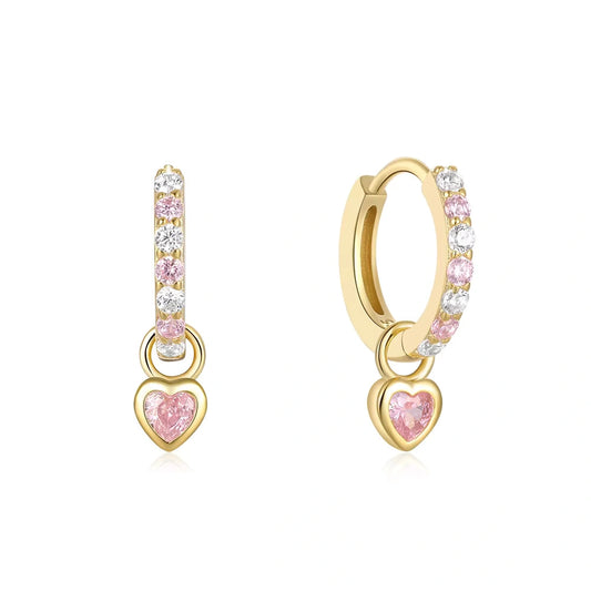 Heart hoop earrings featuring 14k gold over sterling silver with pink and white CZ heart charms.