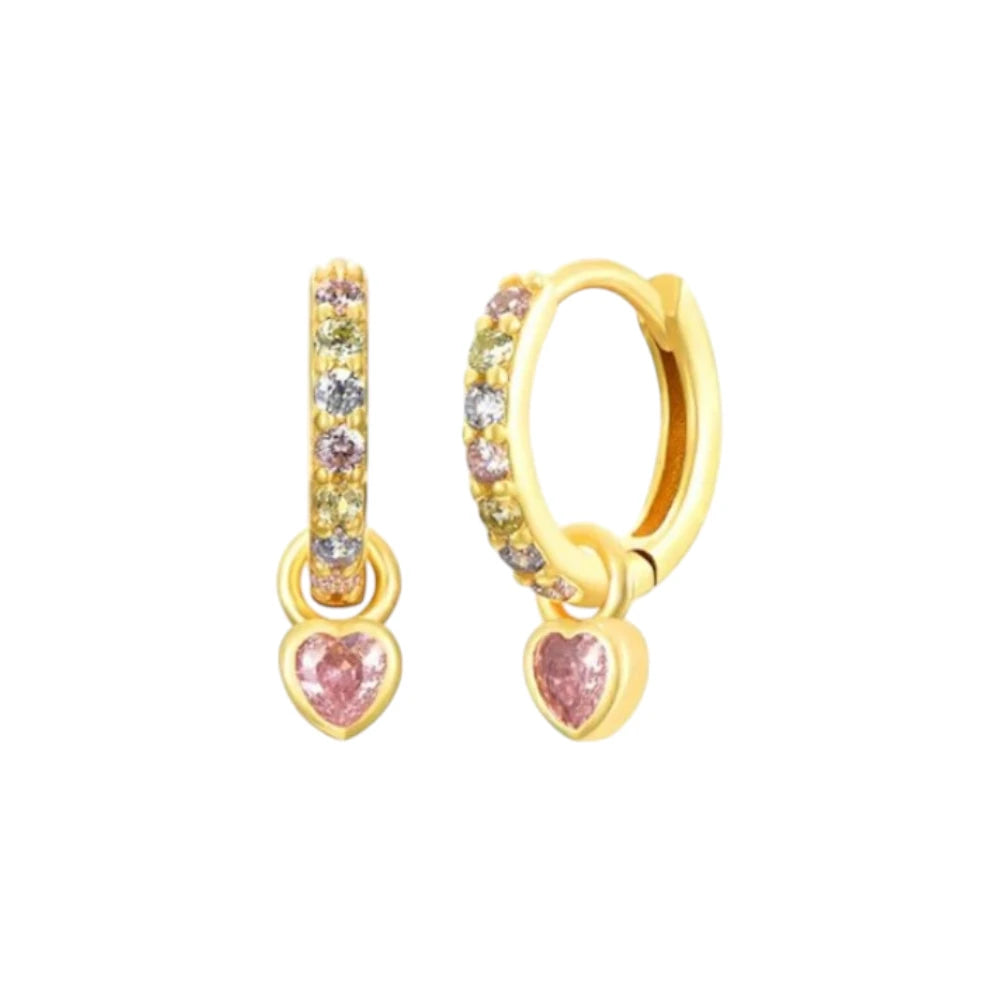 Heart hoop earrings crafted from 14k gold over sterling silver with pink, green, and white cubic zirconia.