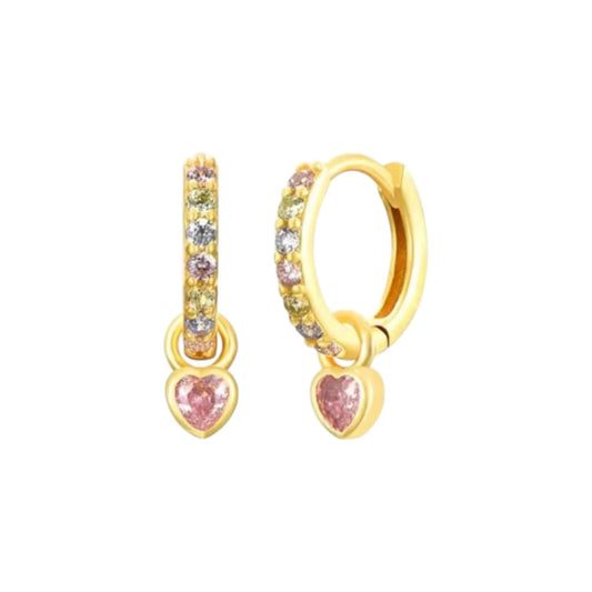 Heart hoop earrings crafted from 14k gold over sterling silver with pink, green, and white cubic zirconia.