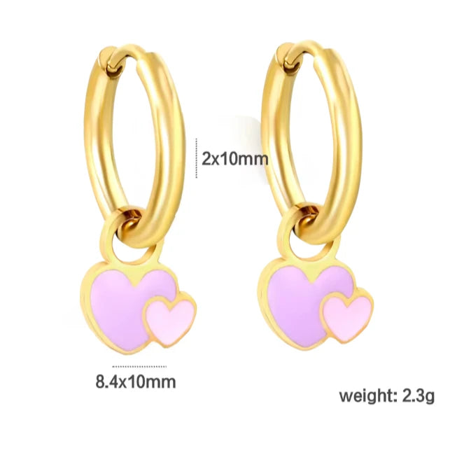 Heart hoop earrings featuring colorful enamel heart charms and 18k gold plating, dimensions 8.4x10mm, lightweight design.