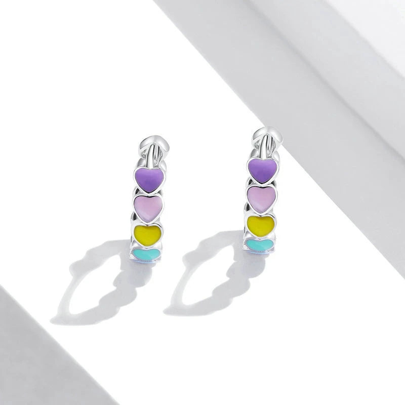 Heart hoop earrings - 925 sterling silver with rainbow enamel hearts, vibrant and stylish for everyday wear.