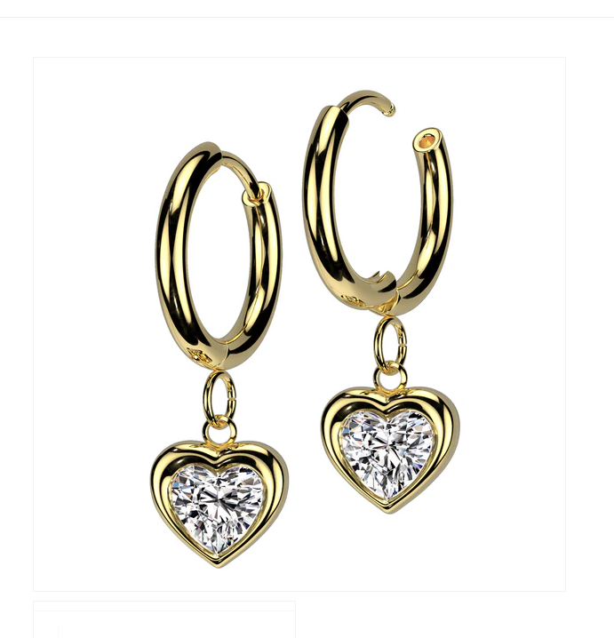 Heart hoop earrings made of gold surgical steel with sparkling CZ heart charms.