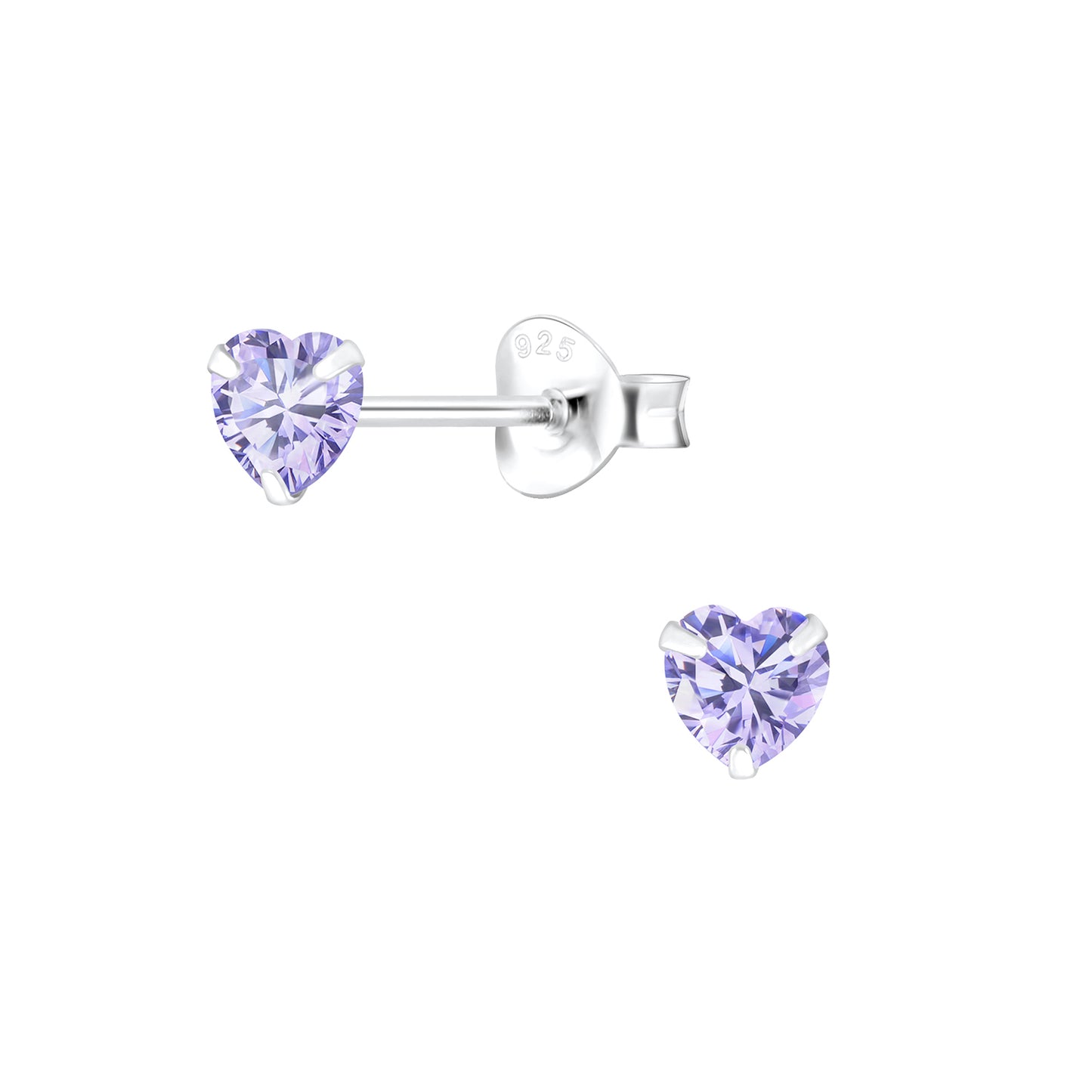 Heart stud earrings in 925 sterling silver with 4mm lavender CZ stones, perfect for children.