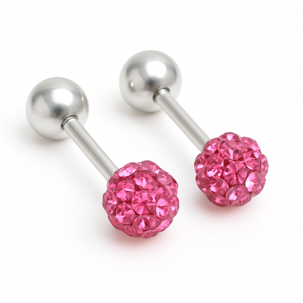 Baby and Children's Earrings: Surgical Steel, Reversible Pink Crystal Ball Earrings with Screw Backs