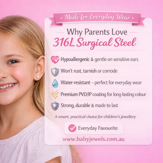 Infographic highlighting benefits of 316L surgical steel for children's jewellery, emphasizing safety and durability.