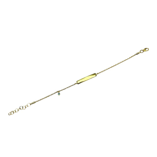 Children's bracelets featuring a gold plated sterling silver design with a blue CZ charm and engravable ID plate.