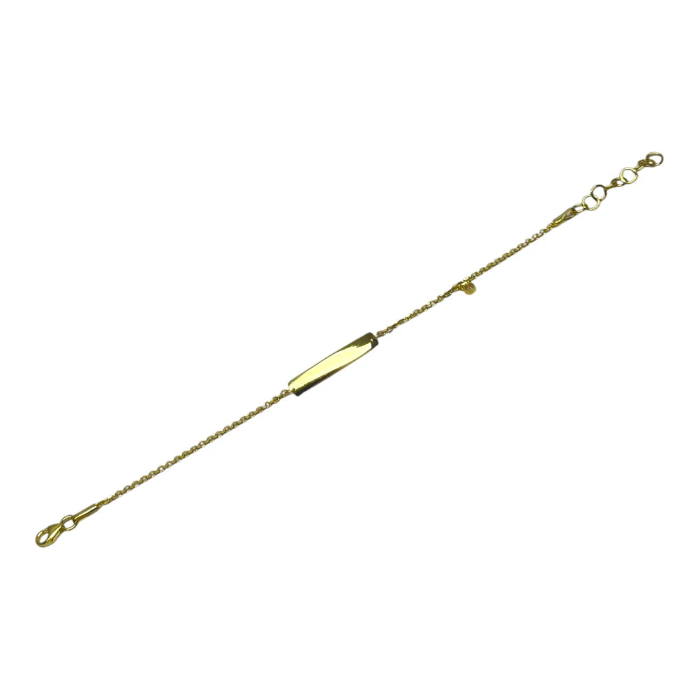 Children's bracelets featuring a gold plated sterling silver chain with an engravable ID plate.