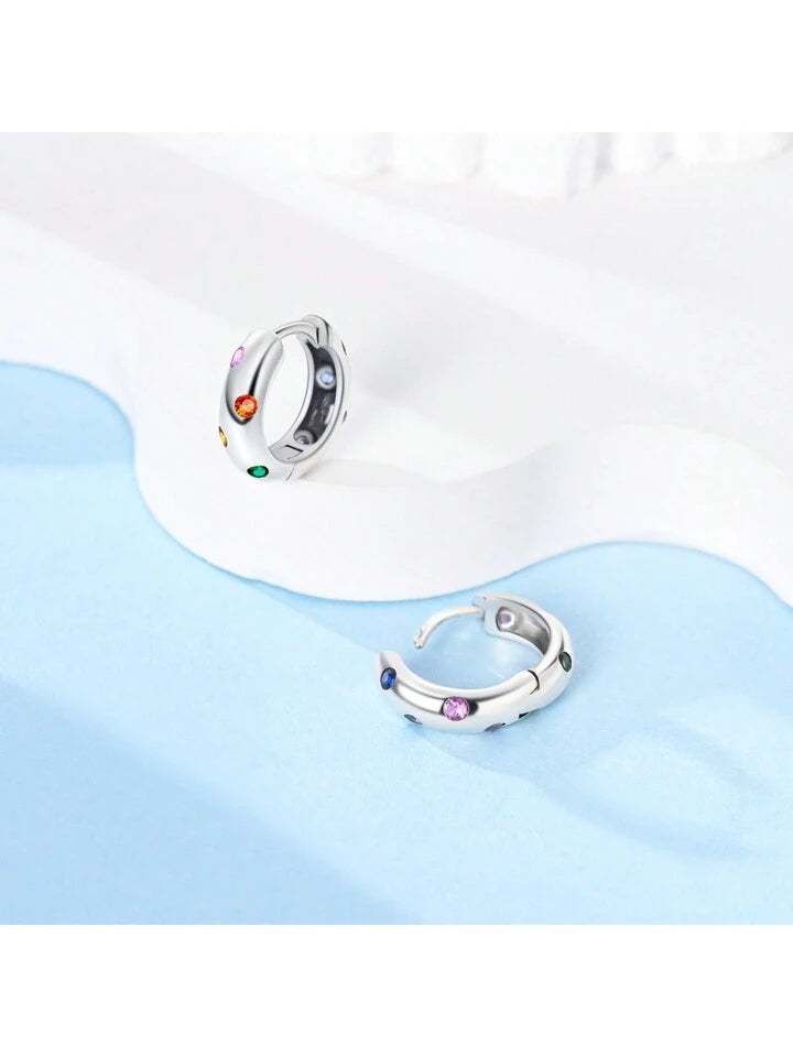 Children's and Teens' Earrings:  Sterling Silver Rainbow CZ Polka Dot Huggie Hoops