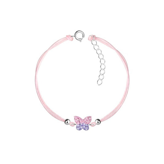 Baby Bracelets:  Sterling Silver + Cotton Cord Extension Pink/Lavender CZ Butterfly Bracelets 13cm +3cm