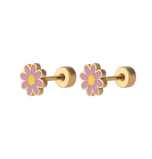 A pair of children's earrings with a floral design, featuring a daisy with a yellow centre on each earring, with screw backs.