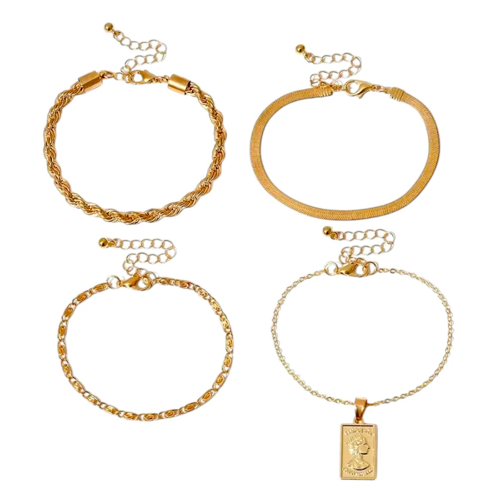 Layered bracelet set featuring three golden-tone bracelets with adjustable designs for versatile style.