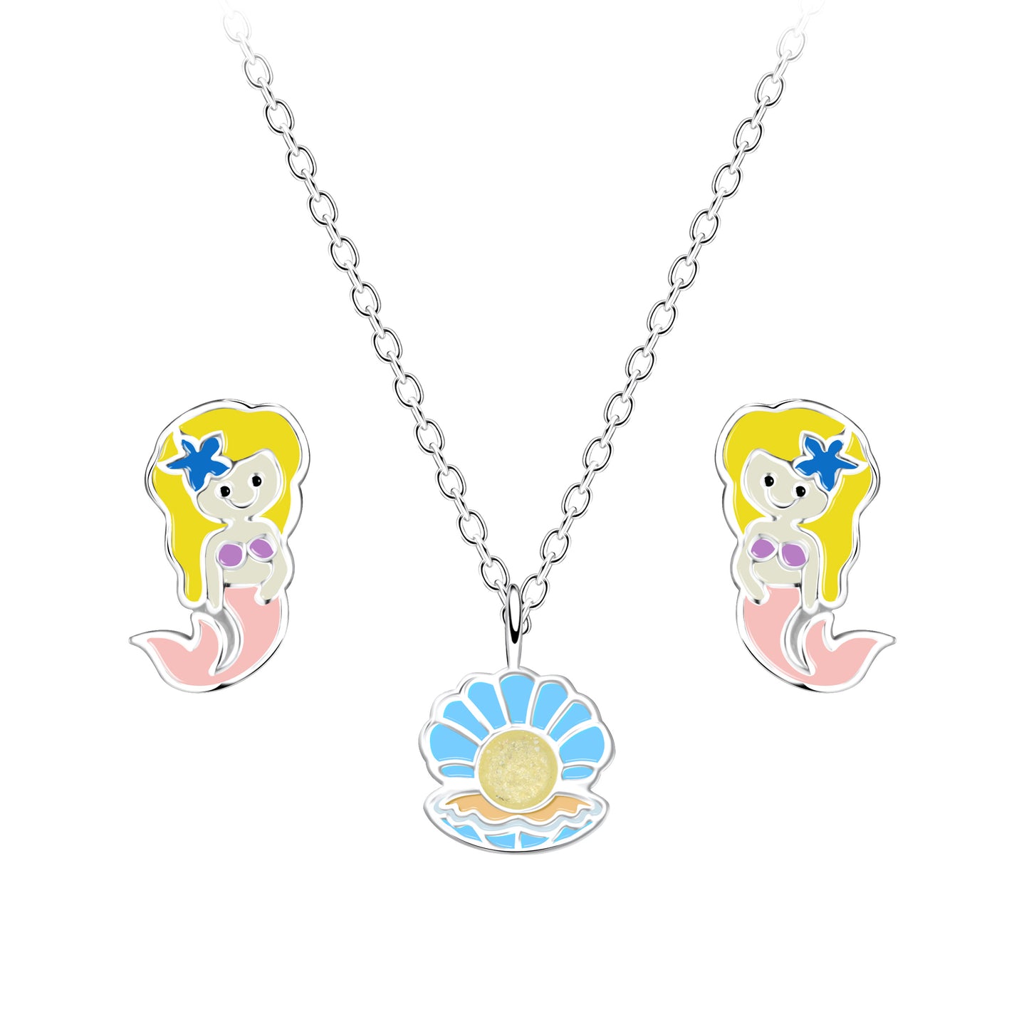 Mermaid jewellery set featuring 925 sterling silver necklace and stud earrings with colorful enamel detailing.